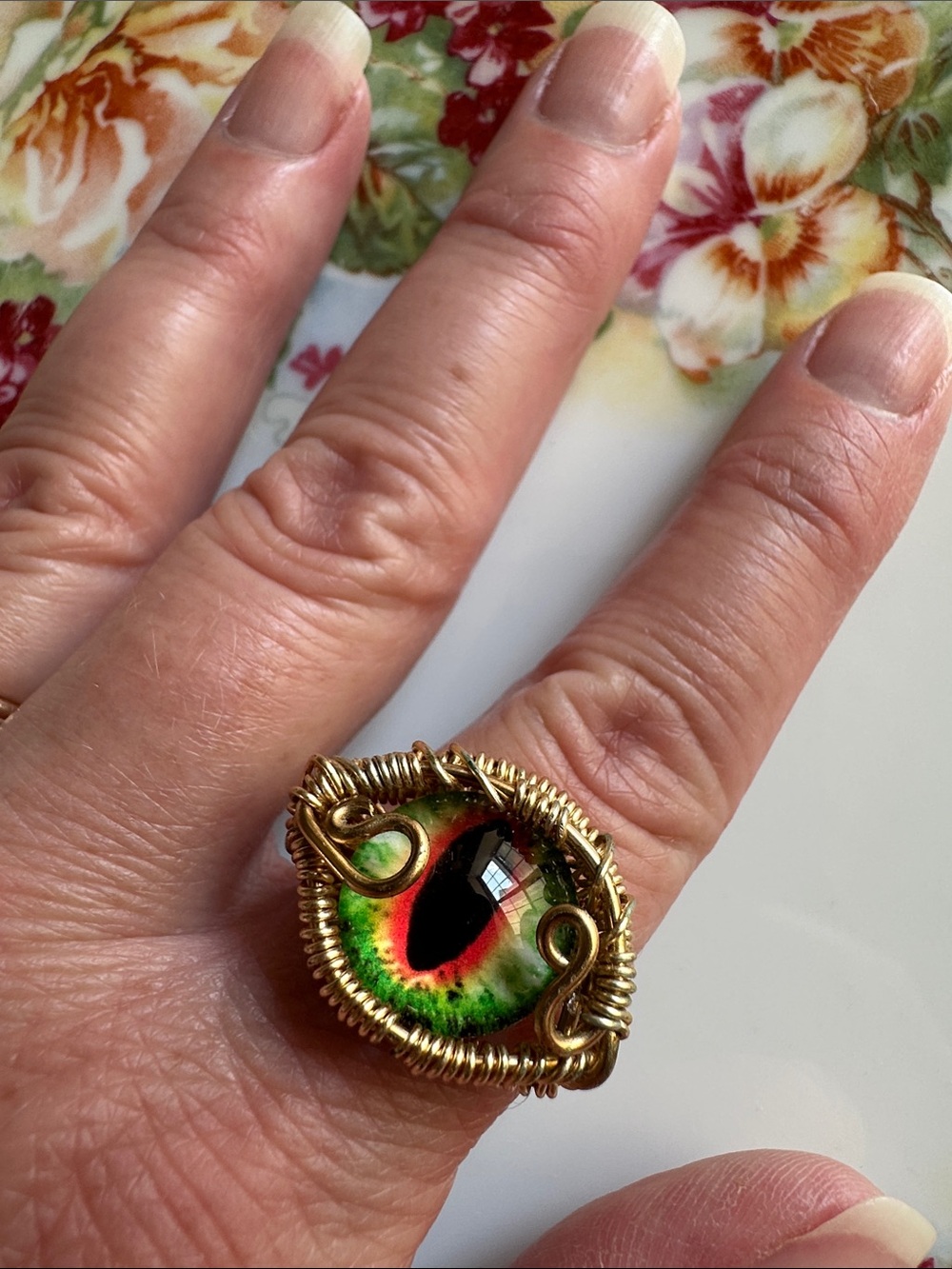 Handcrafted Green and Red Dragon Eye Wire-Wrap Ring